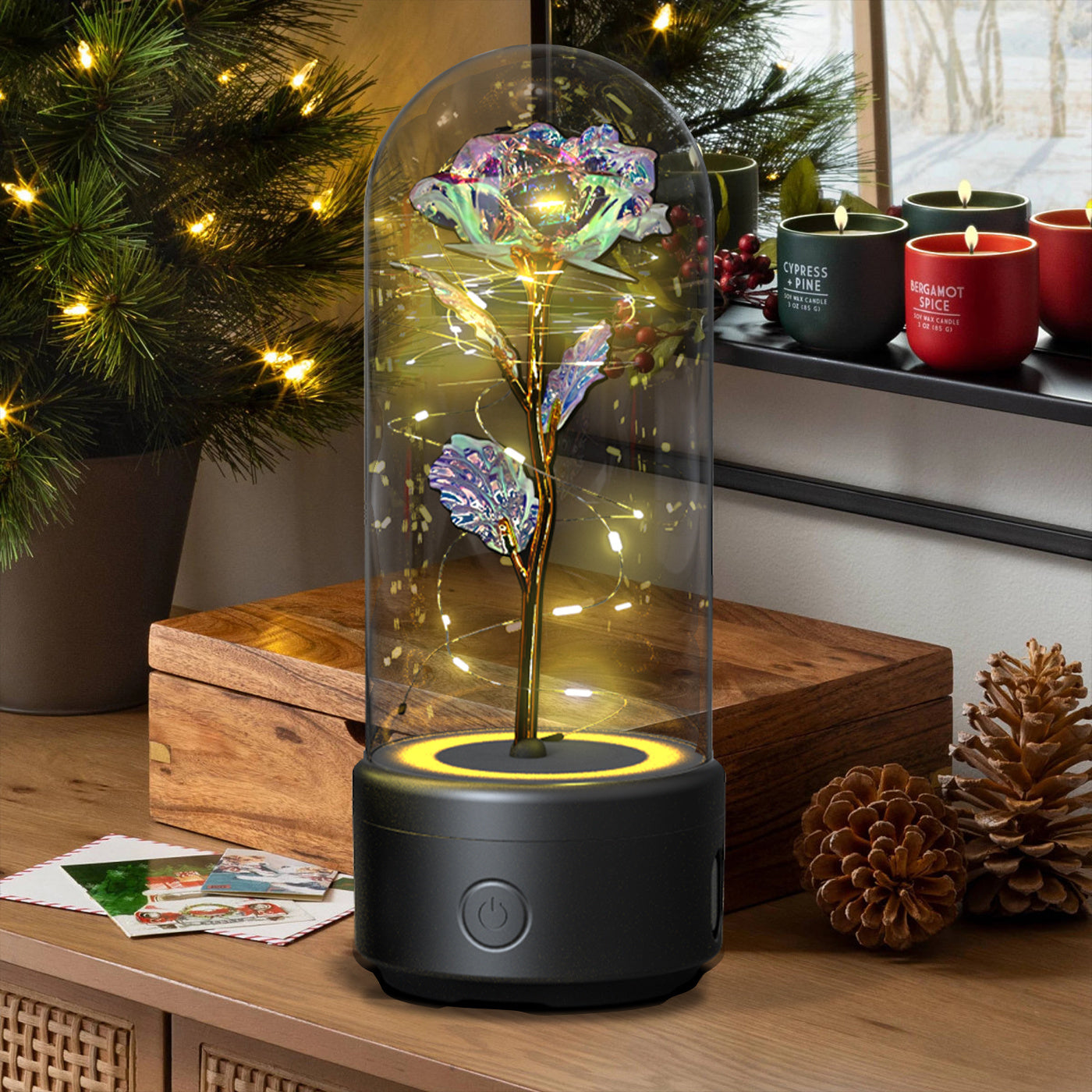 2-in-1 Rose LED Night Light & Bluetooth Speaker – Romantic Glass Dome Ornament, Valentine’s Day Gift & Home Decor | Decor Ynt