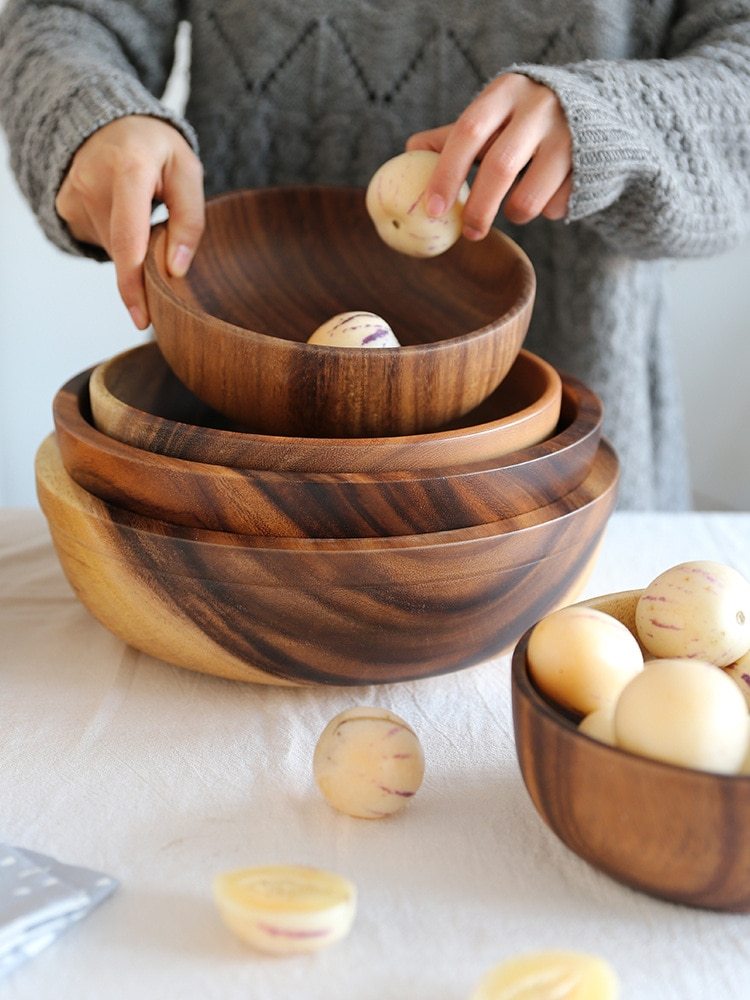 Natural Wooden Kitchen Bowl – Fruit & Salad Bowl with Wooden Utensils for Home & Restaurant | Eco-Friendly Dining | Decor Ynt