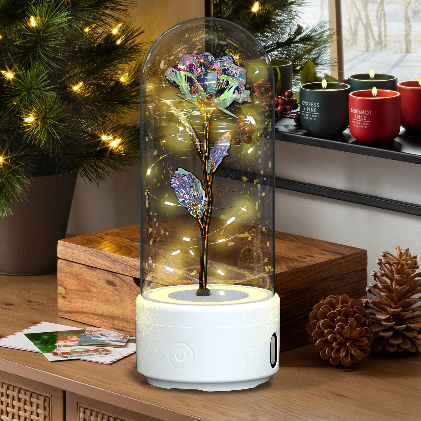 2-in-1 Rose LED Night Light & Bluetooth Speaker – Romantic Glass Dome Ornament, Valentine’s Day Gift & Home Decor | Decor Ynt